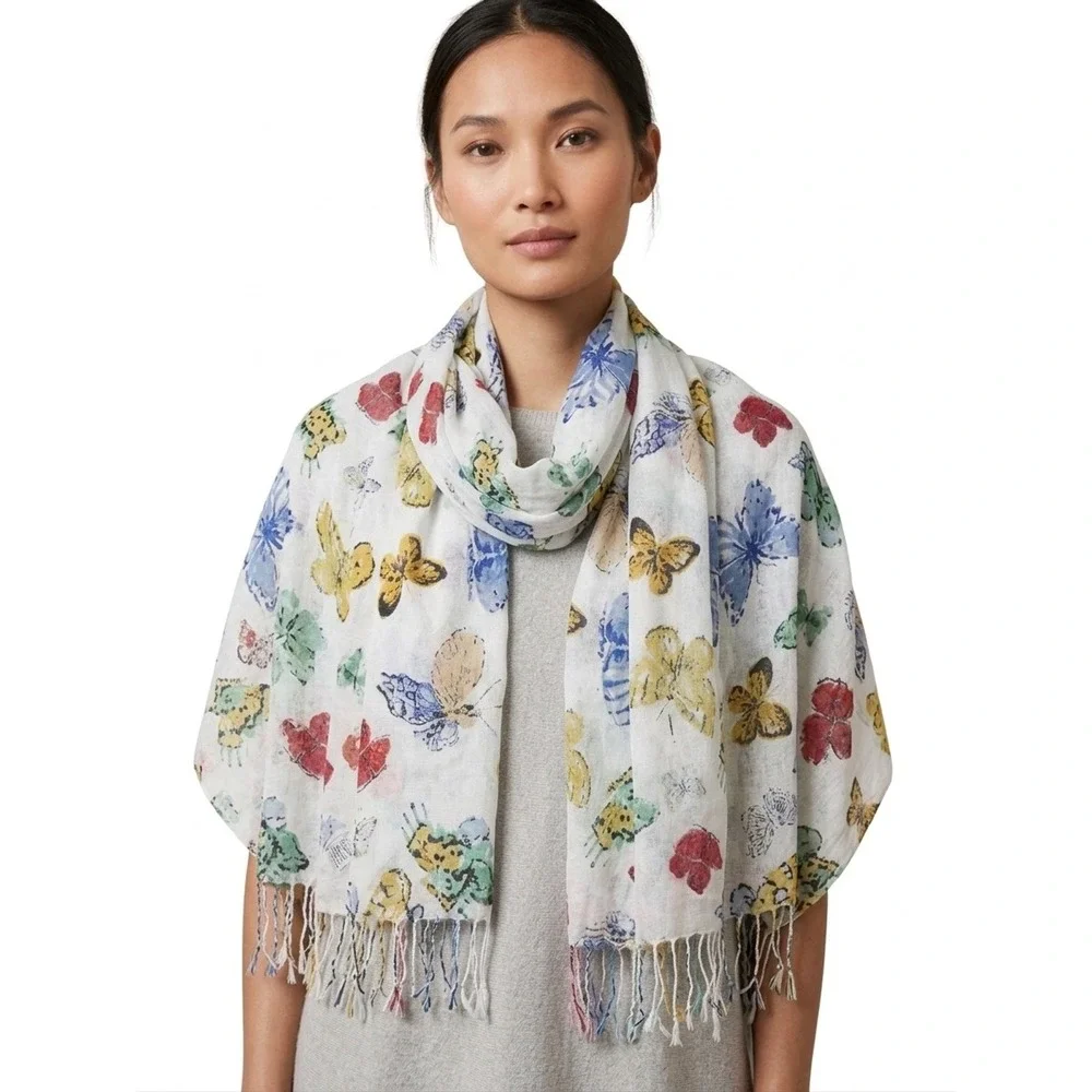 Old Navy Butterfly Print Scarf Shawl White Multi Color‎ Fringe Trim One Size